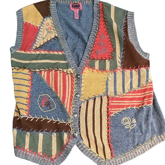 Vintage 90’s Cambridge Dry Goods Ramie/Cotton Patchwork Sweater Vest - Picture 1 of 6